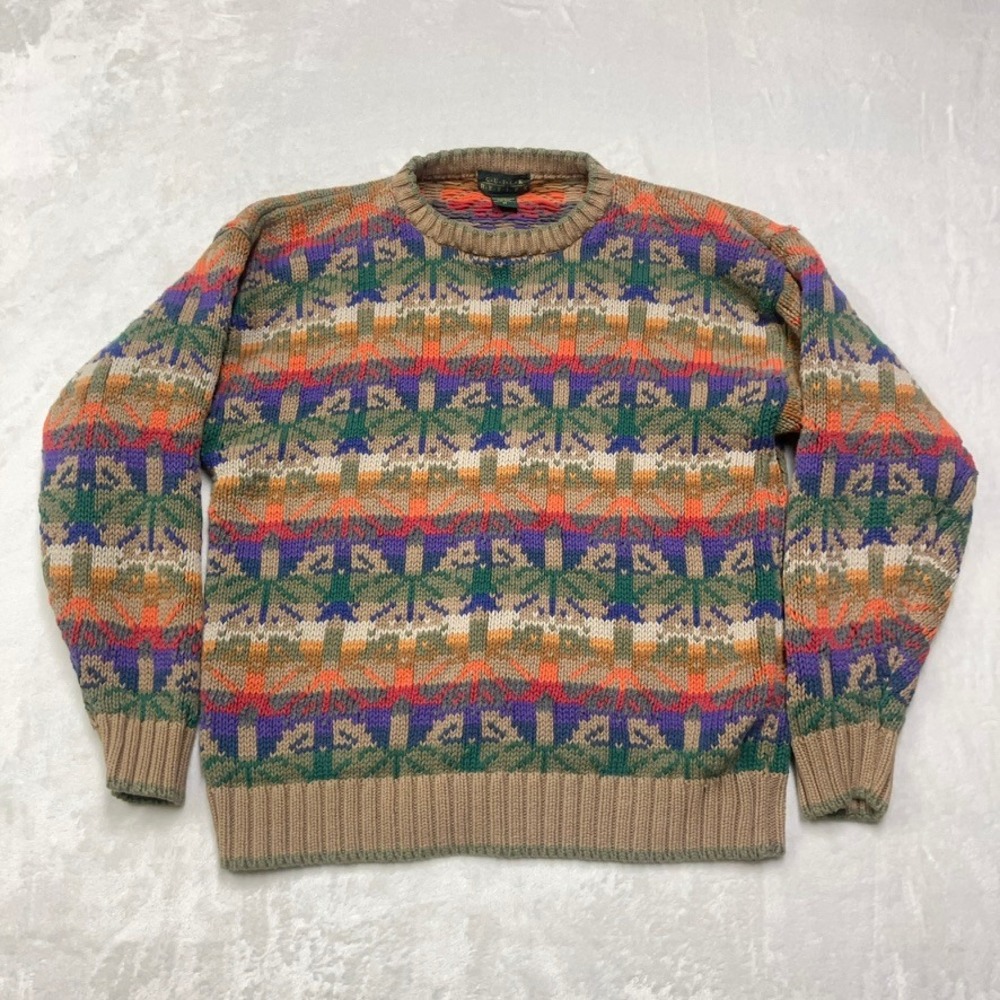Vintage 80s Sweater Mens Medium Rainbow Fair Isle Geometric Cotton‎ Crewneck